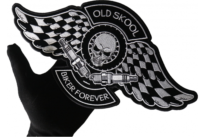 Old Skool Biker Forever Skull Checkered Flags and Spark Plugs Patch, Large Skull Patches for Biker Jackets shown on hand for size comparison