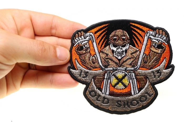 Old Skool Motorcycle Skeleton Patch, Biker Skull Patches shown on hand for size comparison