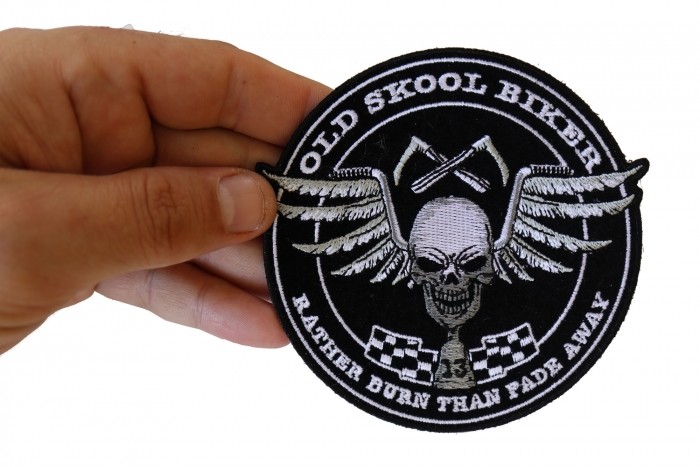 Old Skool Biker Skull Rather Burn Than Fade Away Patch, Biker Skull Patches shown on hand for size comparison