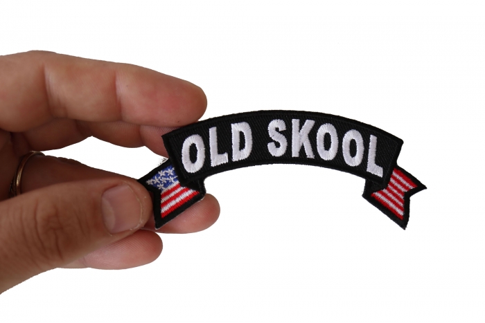 Old Skool Patch, Biker Saying Patches shown on hand for size comparison