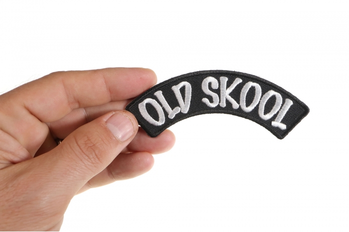 Old Skool Patch, Biker Saying Patches shown on hand for size comparison