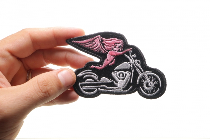 Pink Biker Angel On Motorcycle Patch, Biker Vest Patches, Sew or Iron on Patch shown on hand for size comparison