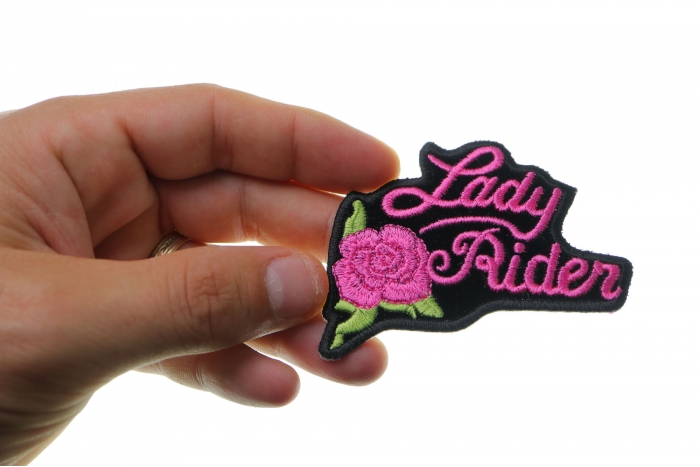 Pink Lady Rider Rose Biker Patch shown on hand for size comparison