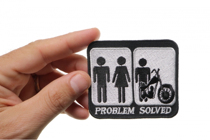 Problem Solved Marriage and Motorcycle Funny Biker Patch shown on hand for size comparison