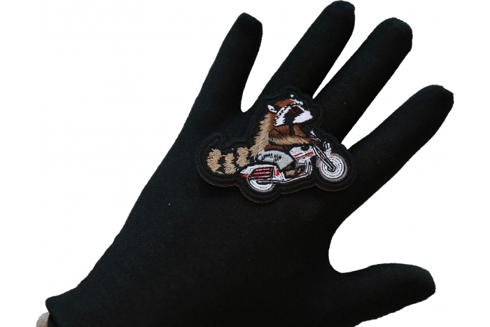 Raccoon on Motorcycle Patch, Cute Animal Patches shown on hand for size comparison