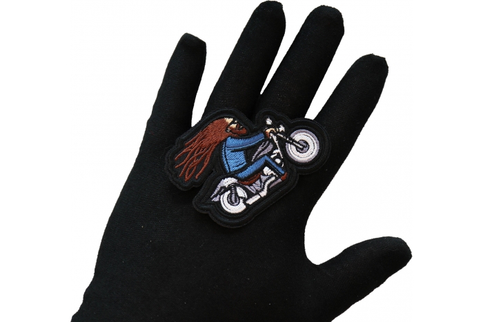 Hair in the Wind Biker on Motorcycle Patch, Motorcycle Patches shown on hand for size comparison