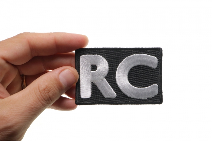 RC Patch, Biker Saying Patches shown on hand for size comparison