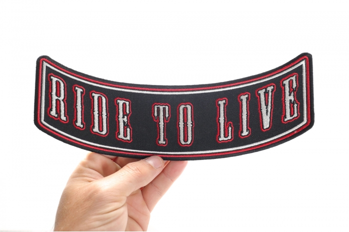 Ride To Live Patch, Large Back Patches shown on hand for size comparison