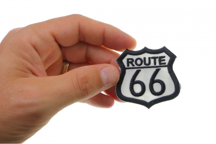 Route 66 Patch, Biker Saying Patches shown on hand for size comparison