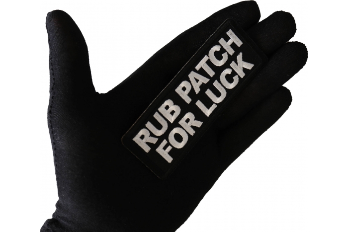 Rub Patch For Luck Patch, Biker Saying Patches shown on hand for size comparison
