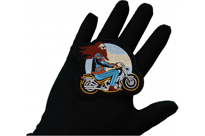 Biker on Motorcycle Patch, Motorcycle Patches shown on hand for size comparison