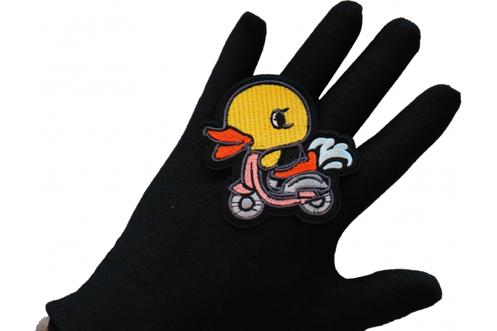 Scooter Duck Patch, Biker Vest Patches, Sew or Iron on Patch shown on hand for size comparison