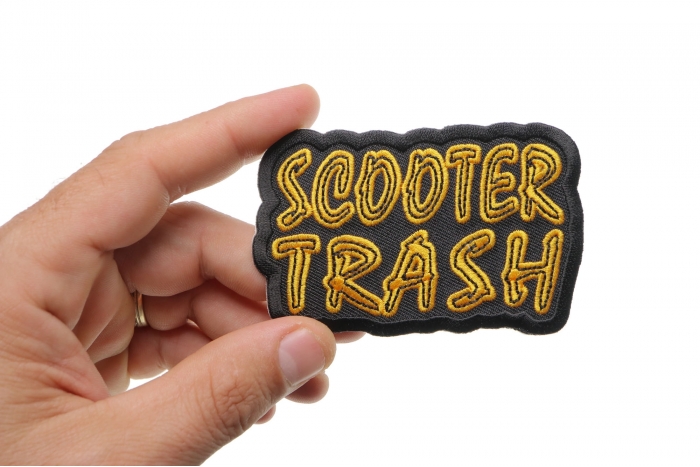 Scooter Trash Patch, Biker Saying Patches shown on hand for size comparison