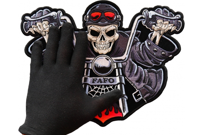 Skeleton Rider FAFO Patch, Large Skull Patches for Biker Jackets shown on hand for size comparison