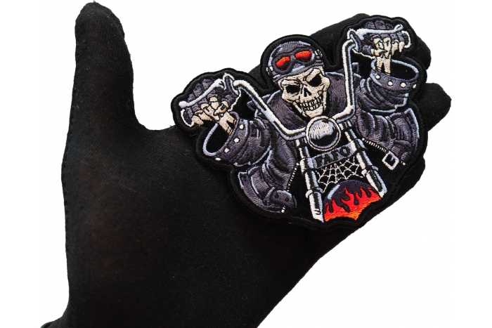 Skeleton Rider on Bike FAFO Patch, Biker Skull Patches shown on hand for size comparison