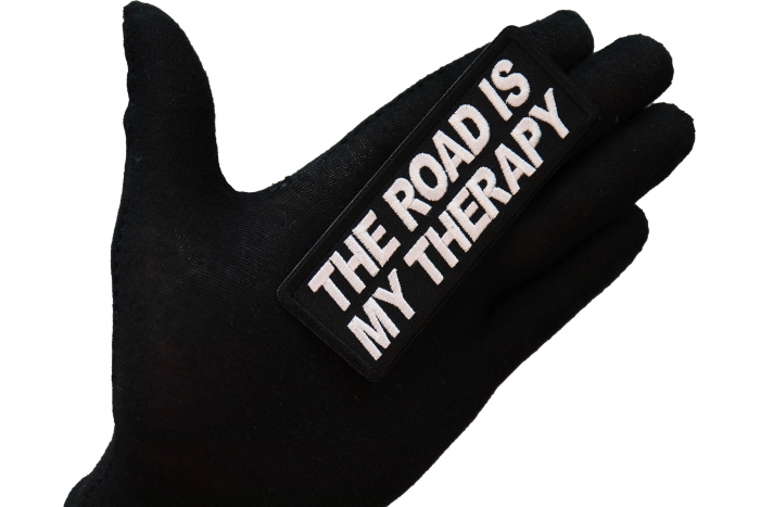 The Road is my Therapy Patch, Biker Saying Patches shown on hand for size comparison