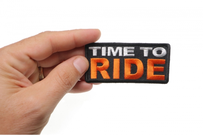 Time To Ride Patch, Biker Saying Patches shown on hand for size comparison
