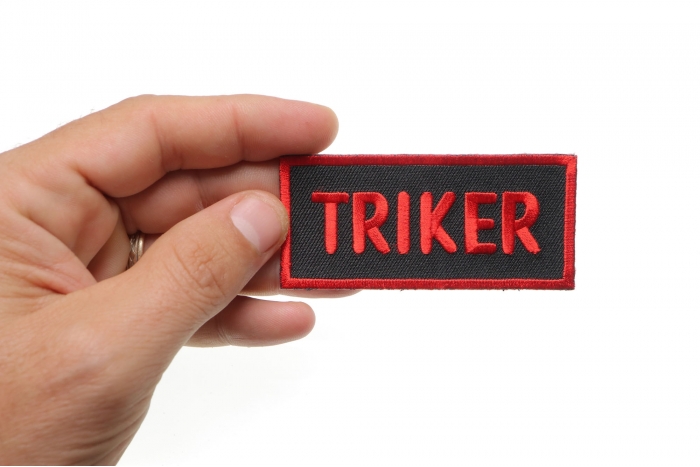 Triker Patch, Biker Saying Patches shown on hand for size comparison