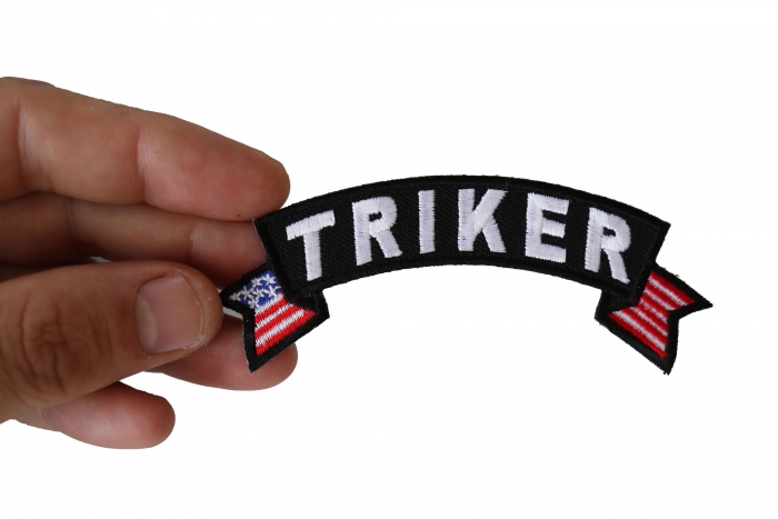 Triker Patch, Biker Saying Patches shown on hand for size comparison