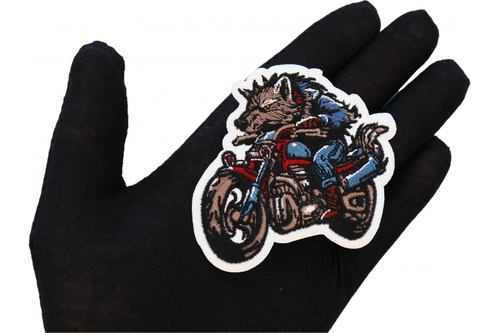 Wolf on Motorcycle Patch, Biker Vest Patches, Sew or Iron on Patch shown on hand for size comparison