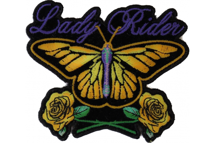 Lady Rider Butterfly With Yellow Roses Small Iron on Biker Patch