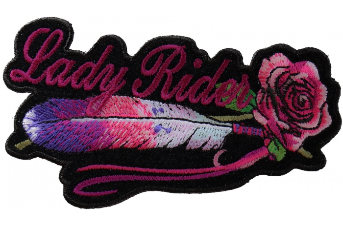 Lady Rider Pink Rose and Feathers Small Iron on Biker Patch