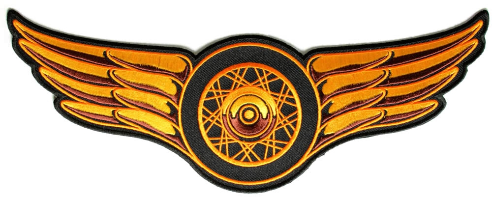 Spoked Motorcycle Wheel and Wings Orange Embroidered Iron on Patch