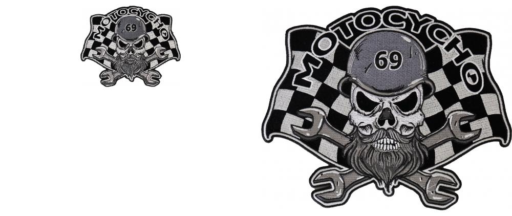 Motocycho Checkered Flag Skull Biker Patch Small and Large Set Combo