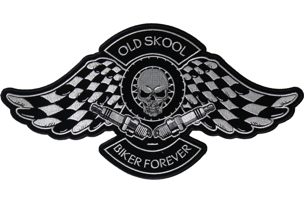 Old Skool Biker Forever Skull Checkered Flags and Spark Plugs
