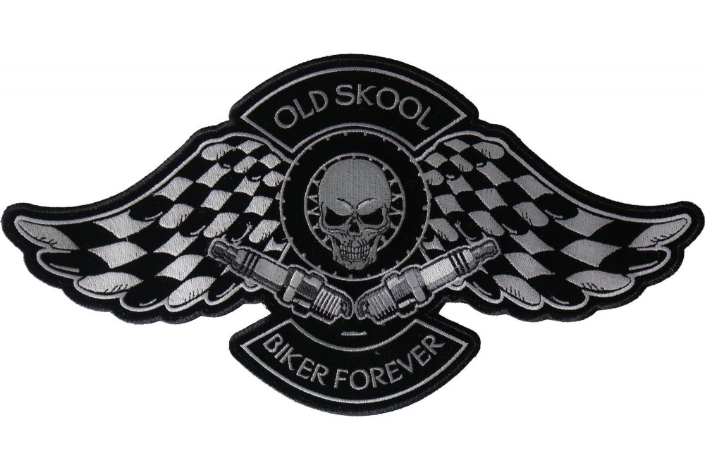 Old Skool Biker Forever Skull Checkered Flags and Spark Plugs