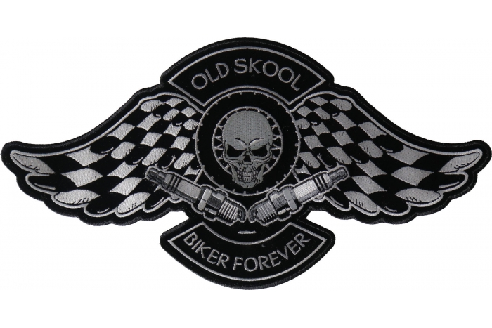 Old Skool Biker Forever Skull Checkered Flags and Spark Plugs Patch