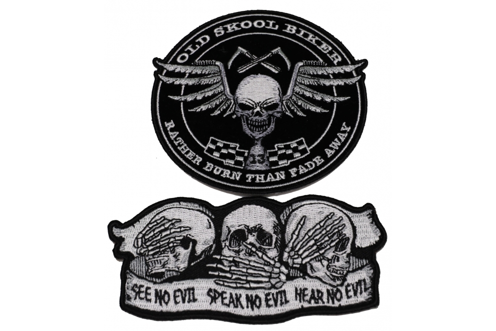 Set of 2 Old School Skull Biker Patches