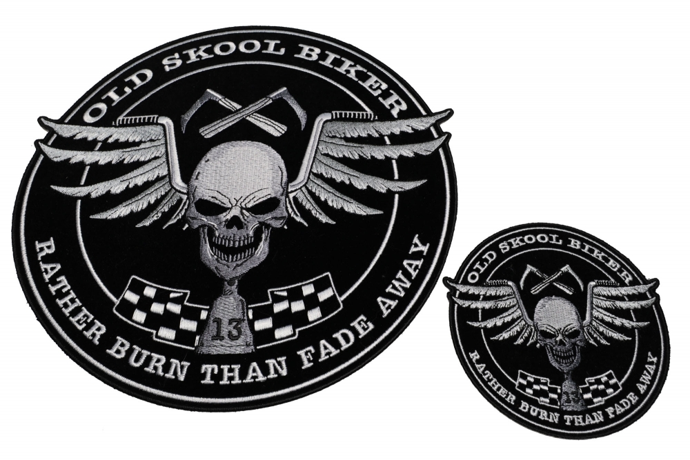 Set of 2 Small and Large Skull Wings Old Skool Biker Patches