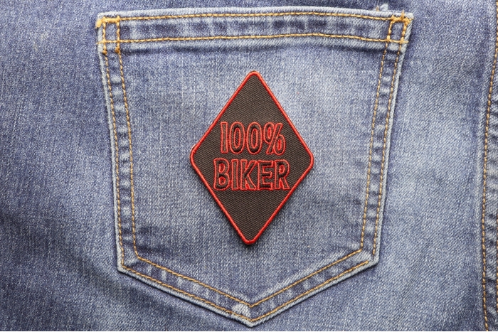 100 Percent Biker Patch shown on jeans