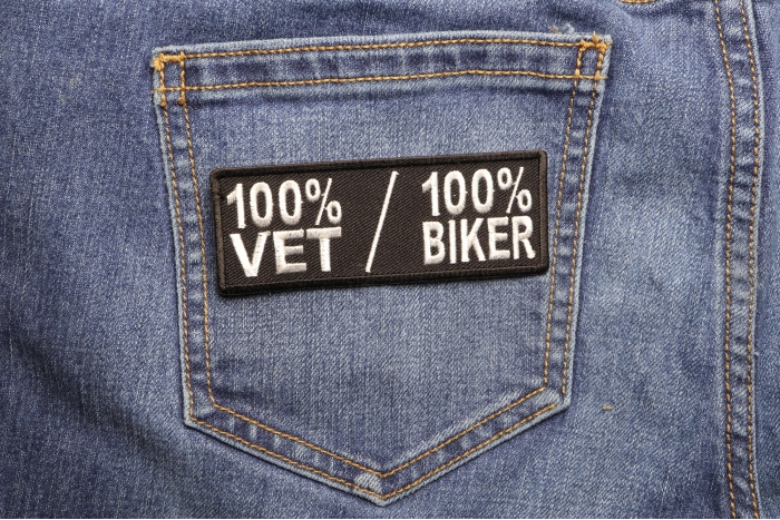100 Percent Vet 100 Percent Biker Patch shown on jeans