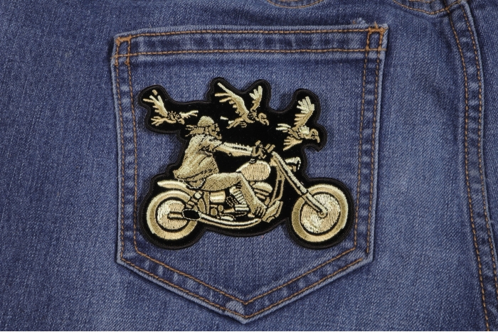 3 Vultures and Biker Small Fun Patch shown on jeans