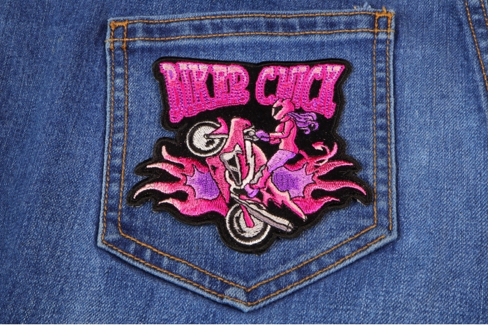 Biker Chick Small Wheeley Girl Patch In Pink shown on jeans