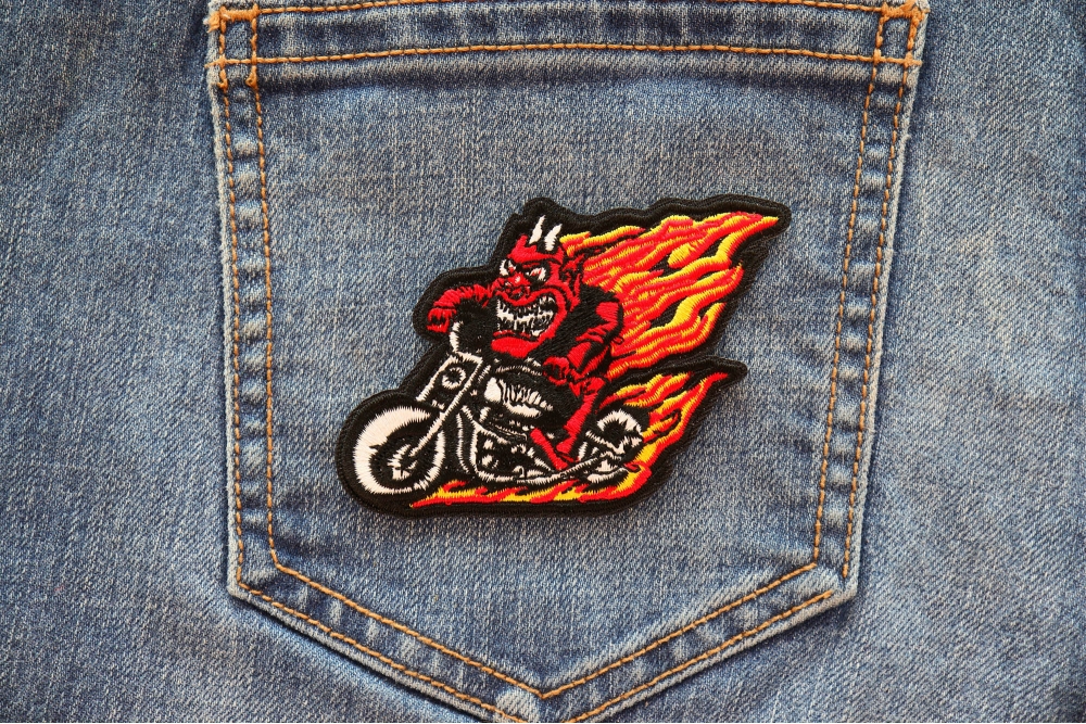 Devil Biker riding Motorcycle with Flames Patch, Biker Vest