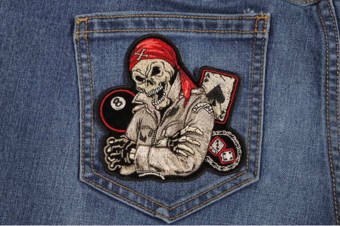 Biker Skull Dice 8 Ball and Ace of Spades Patch shown on jeans