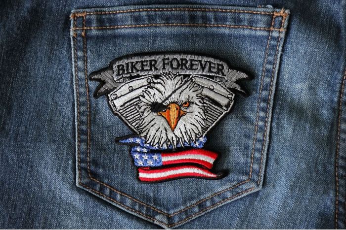 Biker Forever Eagle Eye Patch shown on jeans