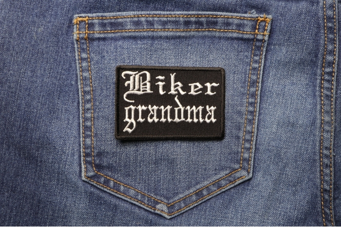 Biker Grandma Patch shown on jeans