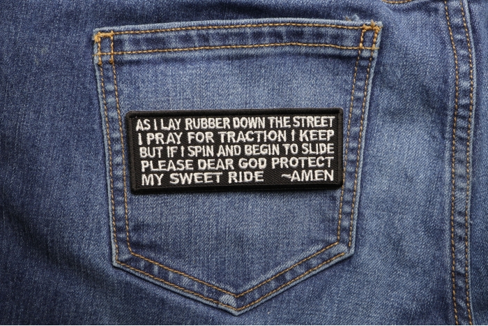 Biker Prayer Patch shown on jeans