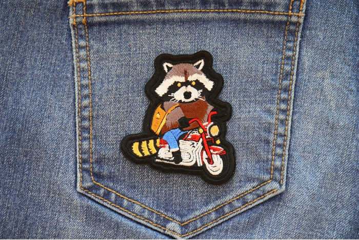 Raccoon Biker on Motorcycle Patch shown on jeans