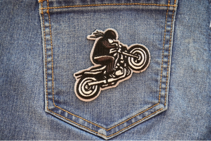 Biker Wheeley Patch shown on jeans