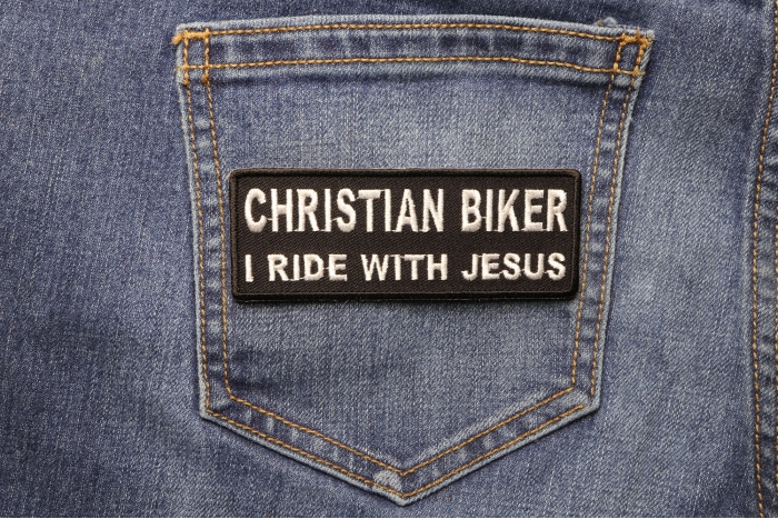 Christian Biker I Ride With Jesus Patch shown on jeans