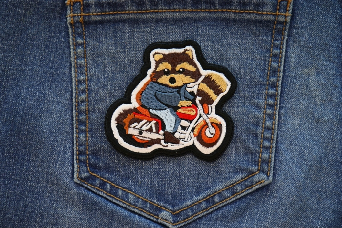 Cute Raccoon Biker on Motorcycle Patch shown on jeans