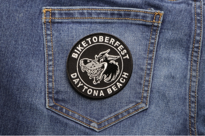 Daytona Biketoberfest Wolf Patch shown on jeans