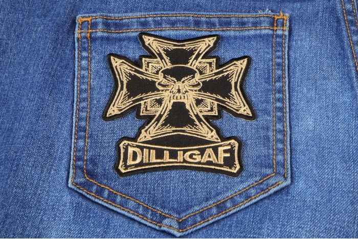 Dilligaf Skull and Cross Patch shown on jeans