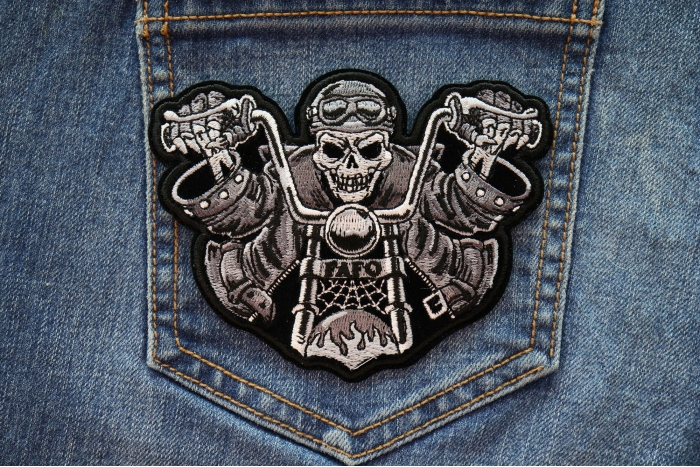 FAFO Skeleton Rider on Motorcycle Patch shown on jeans