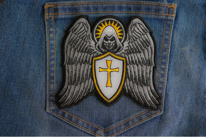 Guardian Angel Biker Patch shown on jeans